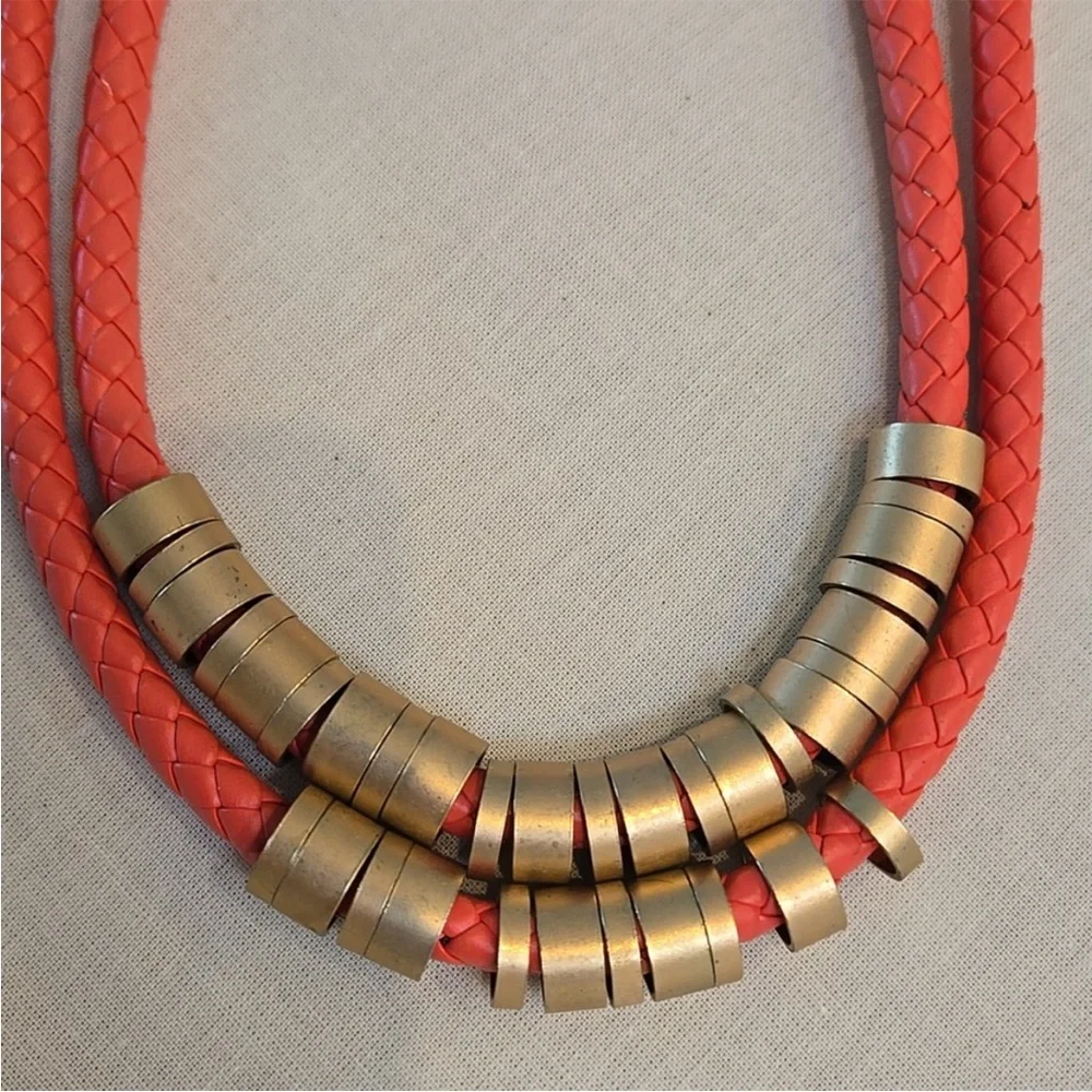 Gold Accent Coral Braided Double-Strand Necklace